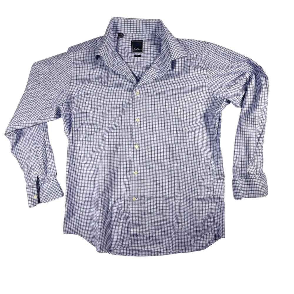 David Donahue Mens Dress Shirt 17 34/35 Trim Fit Purple Blue Check Cotton LS